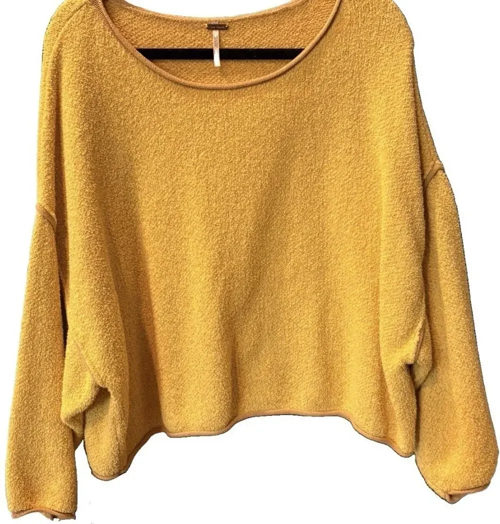 Free People $98 Bardot Cropped Yellow Sweater Neutral Contrast Piping